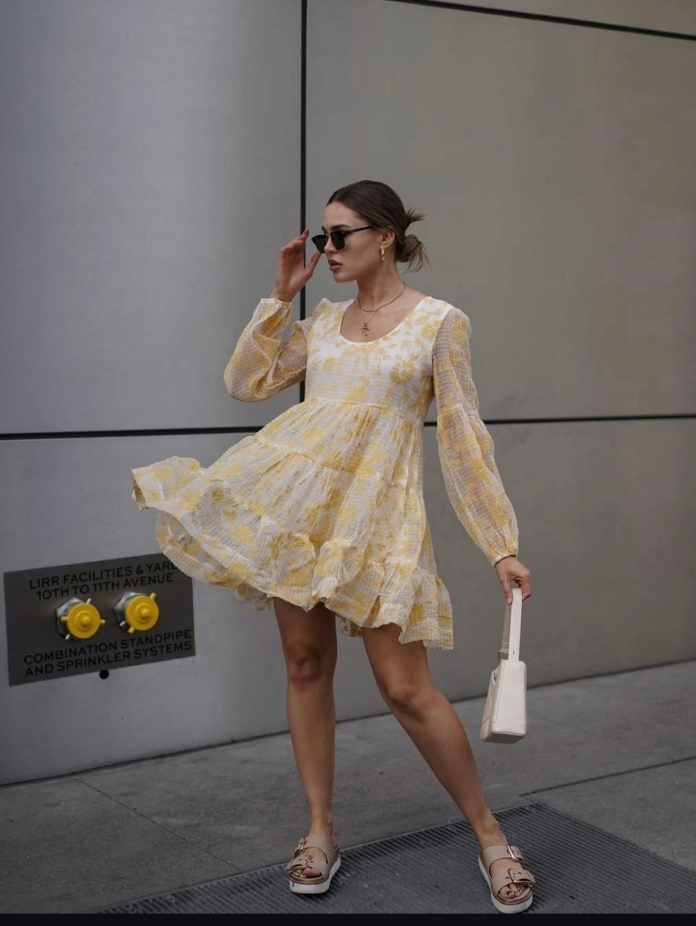 En Saison Yellow Floral Organza Tiered Mini Dress Size Xs